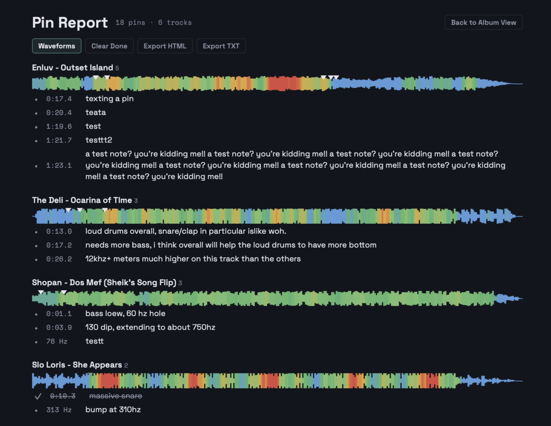 Hot Spotter pin report — timestamped mix notes pinned to waveforms, exportable as HTML or text